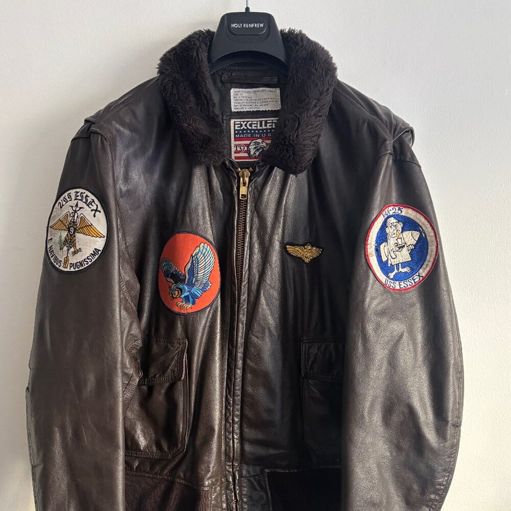 Excelled Brown Leather Aviator Bomber G-1 Jacket- Sherpa Collar, Patches -XL-XXL